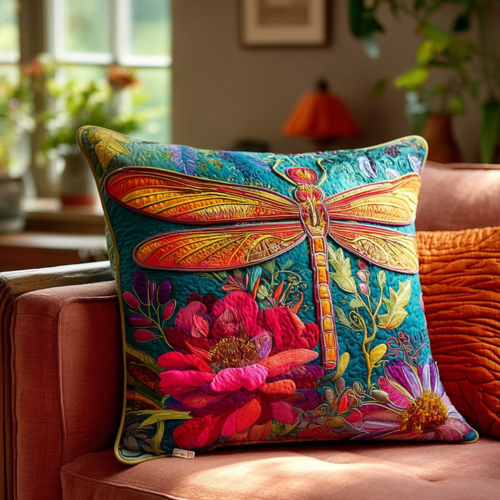 Housse de coussin — Libellule et symphonie florale